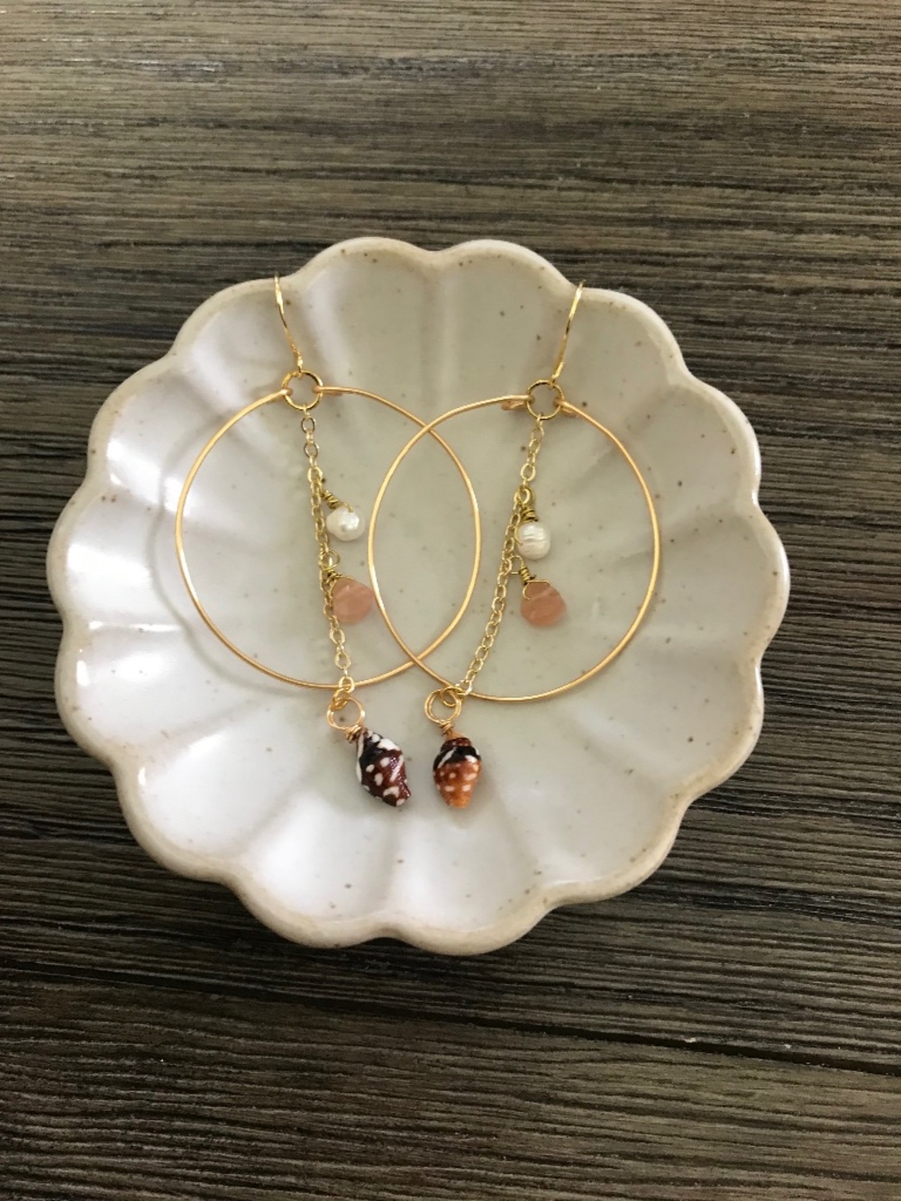 Seashell Hoop Earrings with Peach Moonstone & Freshwater Pearl - Picture 1 of 1